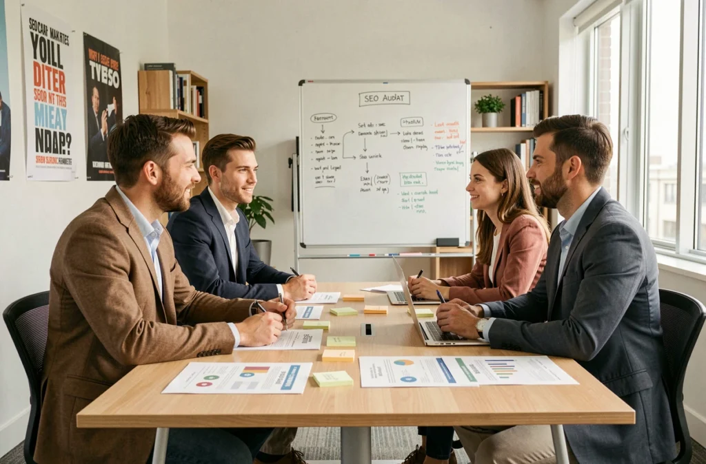 Équipe de l'agence DBW réunie autour d'une table pour analyser des rapports SEO et définir une stratégie digitale