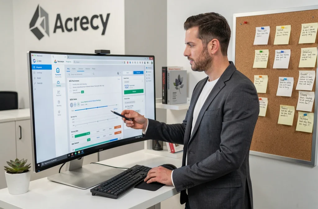 Chef de projet SEO de l'Agence Stafe debout devant son écran ultrawide analysant un tableau de bord de performance