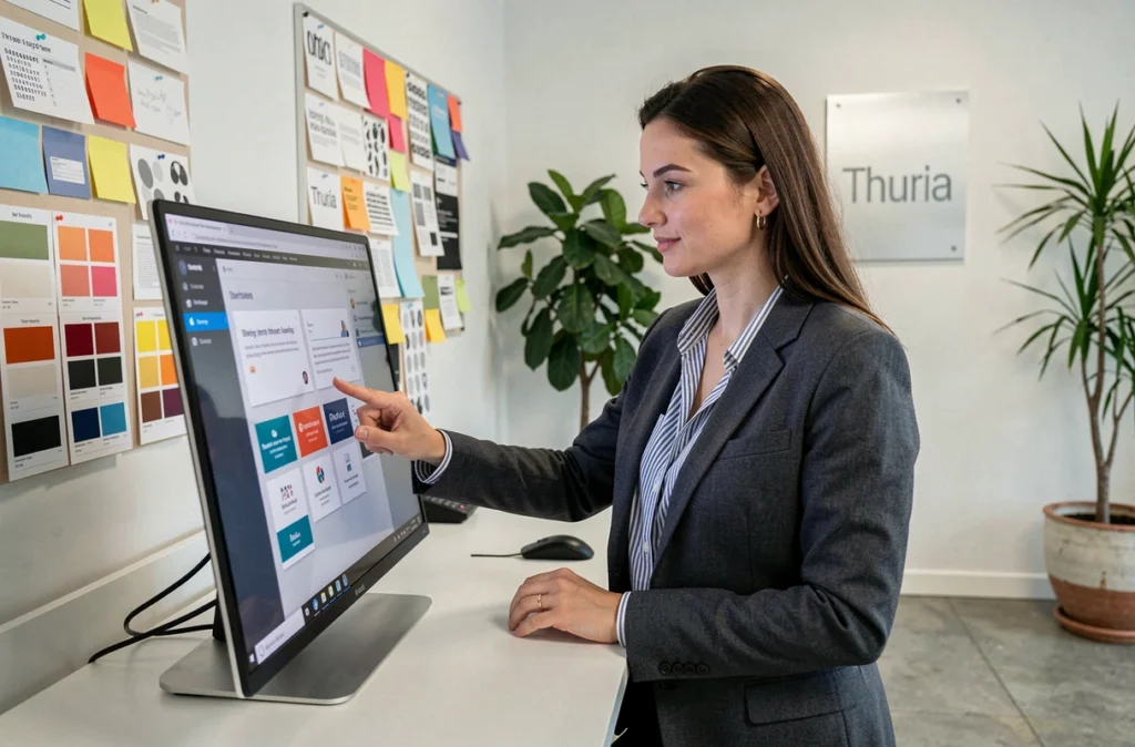 Directrice créative de l'agence Thuria présentant des maquettes de branding digital sur écran tactile