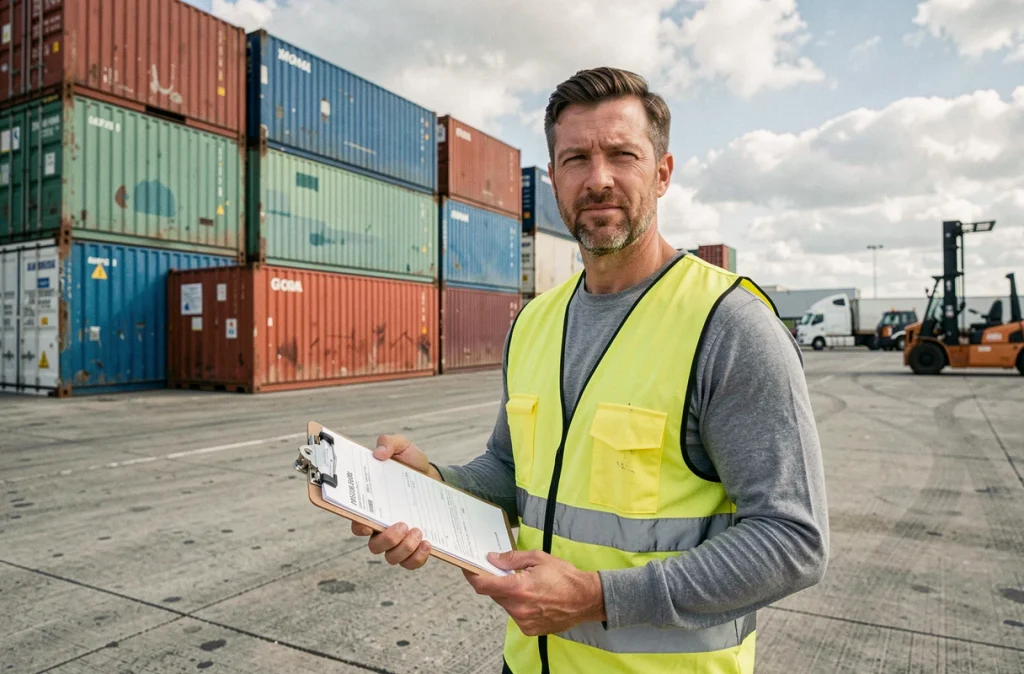 Agent logistique consultant des documents d'exportation devant des conteneurs maritimes dans un terminal de fret