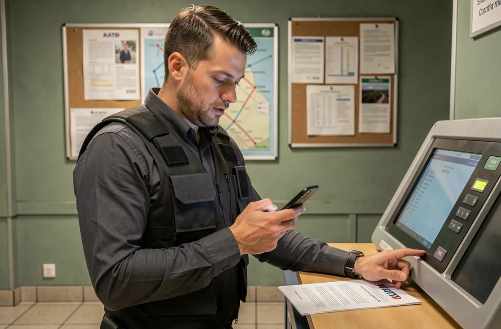 Agent RATP consultant ses services RH sur smartphone dans un espace administratif de la régie