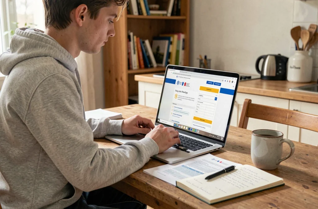 Jeune apprenti à domicile consultant un portail administratif en ligne pour renseigner son code catégorie socioprofessionnelle sur un formulaire CERFA