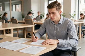 Jeune apprenti en entreprise remplissant un formulaire administratif sur son bureau, illustrant le code catégorie socioprofessionnelle pour les alternants