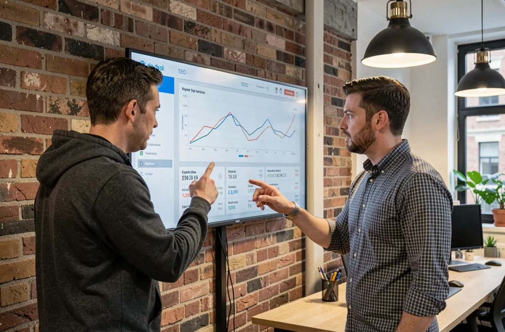 Deux collaborateurs d'Artimon Digital analysant des données SEO sur un grand écran mural dans un bureau au design industriel