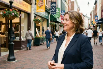 Représentante d'une association de développement commercial discutant avec un commerçant local dans une rue piétonne animée