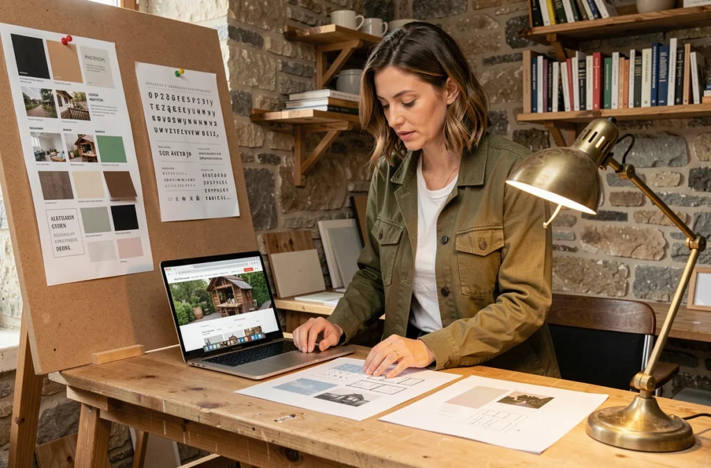 Designer web de l'Atelier du Web Aveyron révisant des maquettes imprimées d'un site e-commerce local