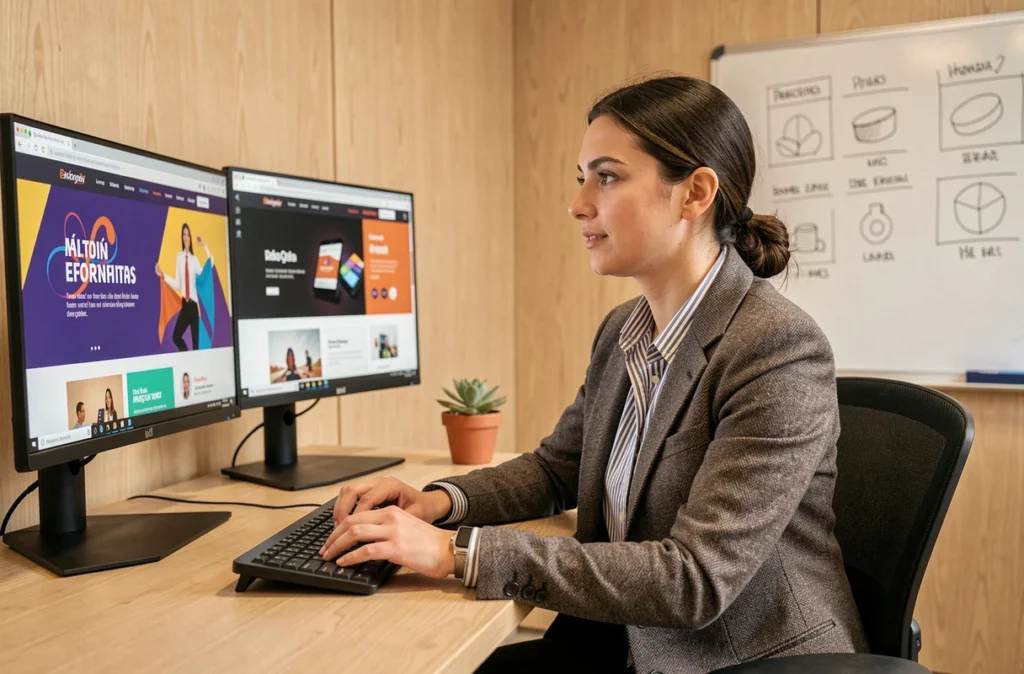 Designer web d'Aty'pique travaillant sur une interface graphique créative dans un bureau lumineux et moderne