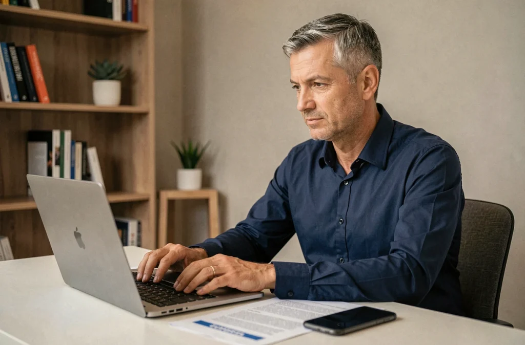 Professionnel rédigeant un avis honnête sur un outil de gestion business depuis son bureau à domicile