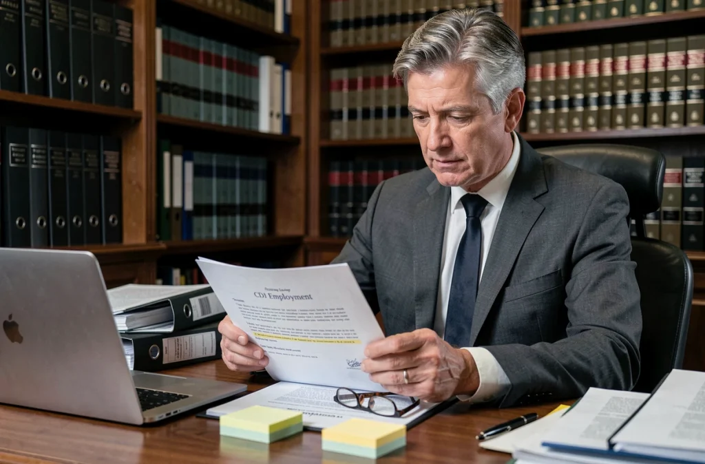 Un avocat spécialisé en droit du travail examine un contrat CDI et les clauses de préavis de licenciement