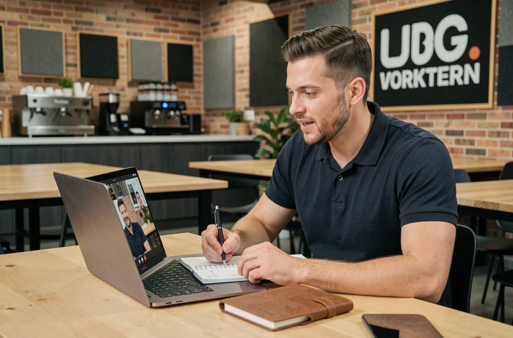 Brendan Doucen, expert SEO, en visioconférence dans un espace de coworking tout en prenant des notes sur sa stratégie