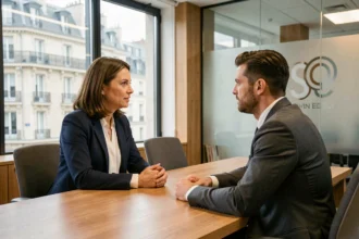 Consultante en recrutement menant un entretien professionnel dans un cabinet moderne en Île-de-France