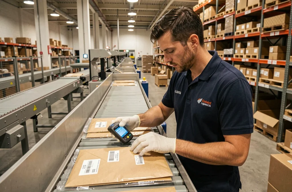 Agent logistique scannant des enveloppes dans un centre de tri postal professionnel, représentant l'externalisation du traitement du courrier d'entreprise