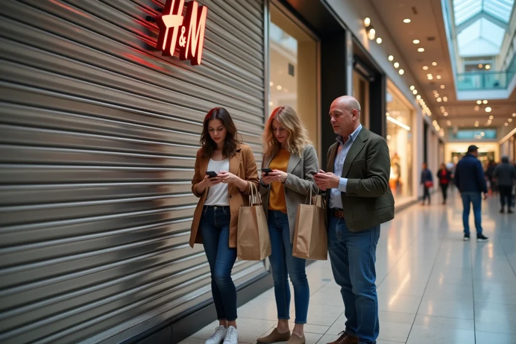 Clients fidèles d'H&M découvrant la fermeture d'une enseigne dans un centre commercial