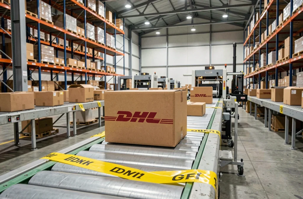 Colis DHL immobilisé sur un tapis roulant dans un entrepôt logistique en raison d'une grève