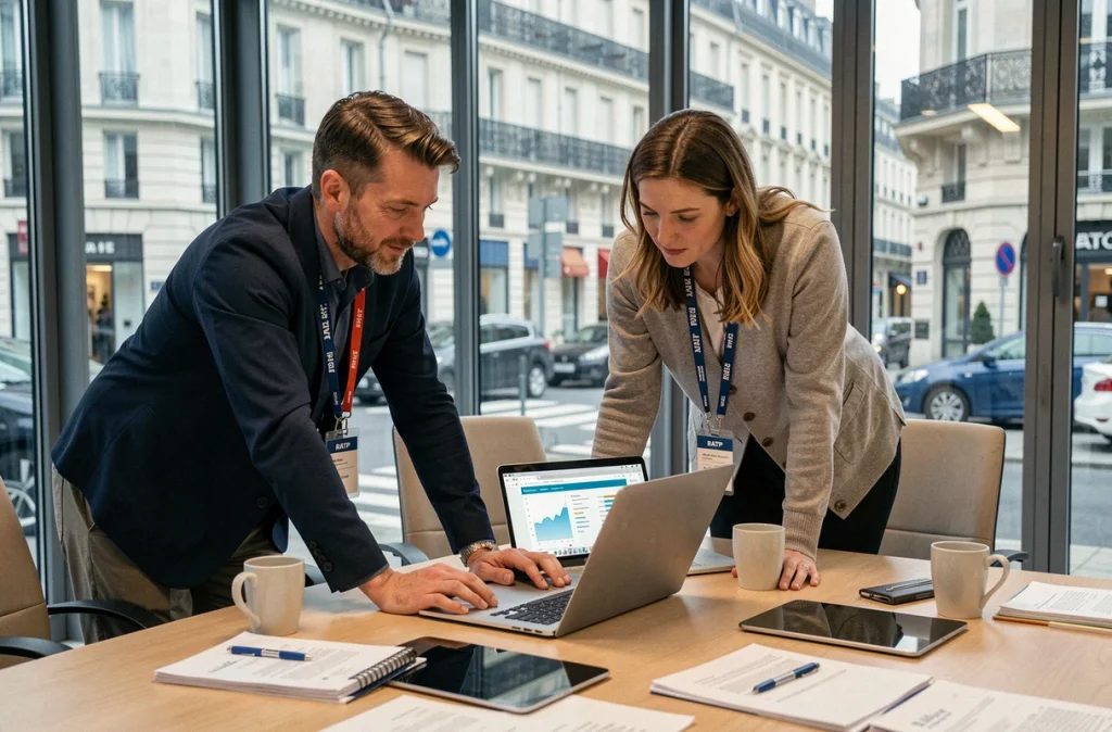 Deux collaborateurs RATP consultant ensemble le portail Urbanweb RH dans une salle de réunion parisienne