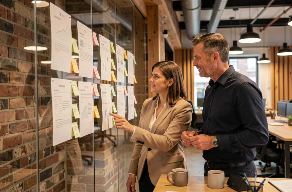 Deux professionnels B2B collaborant sur une stratégie de contenu expert dans un espace de co-working