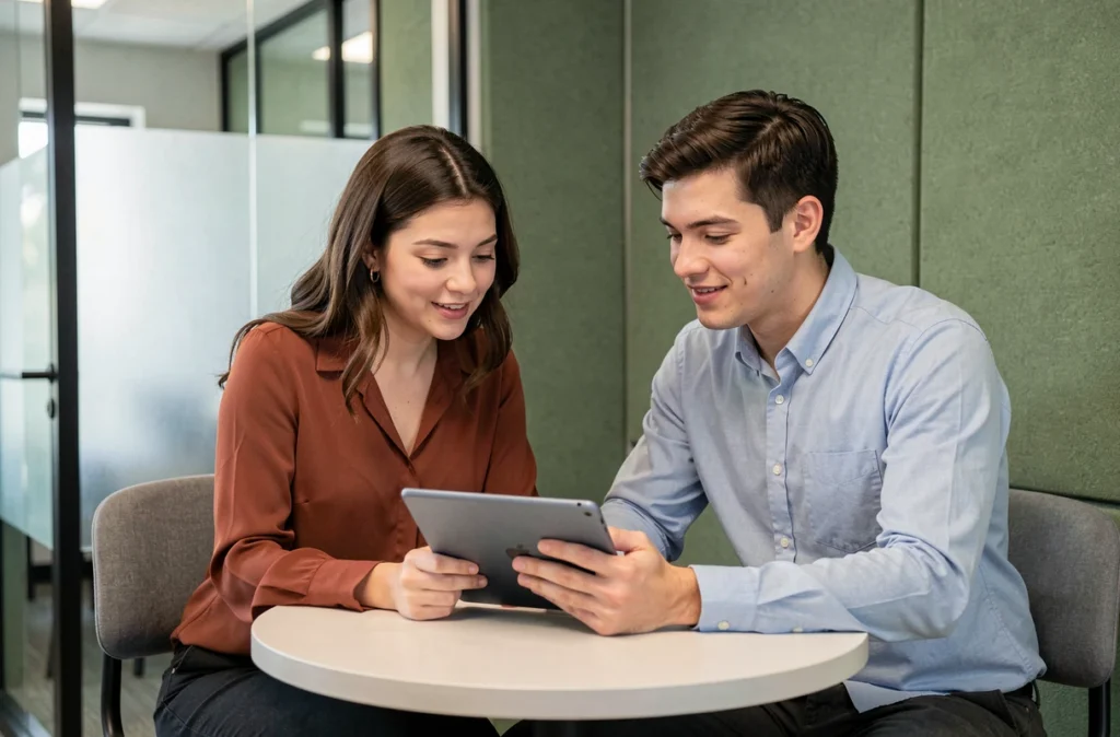 Deux professionnels collaborant dans une cabine de réunion d'un espace de coworking à Fontenay-sous-Bois