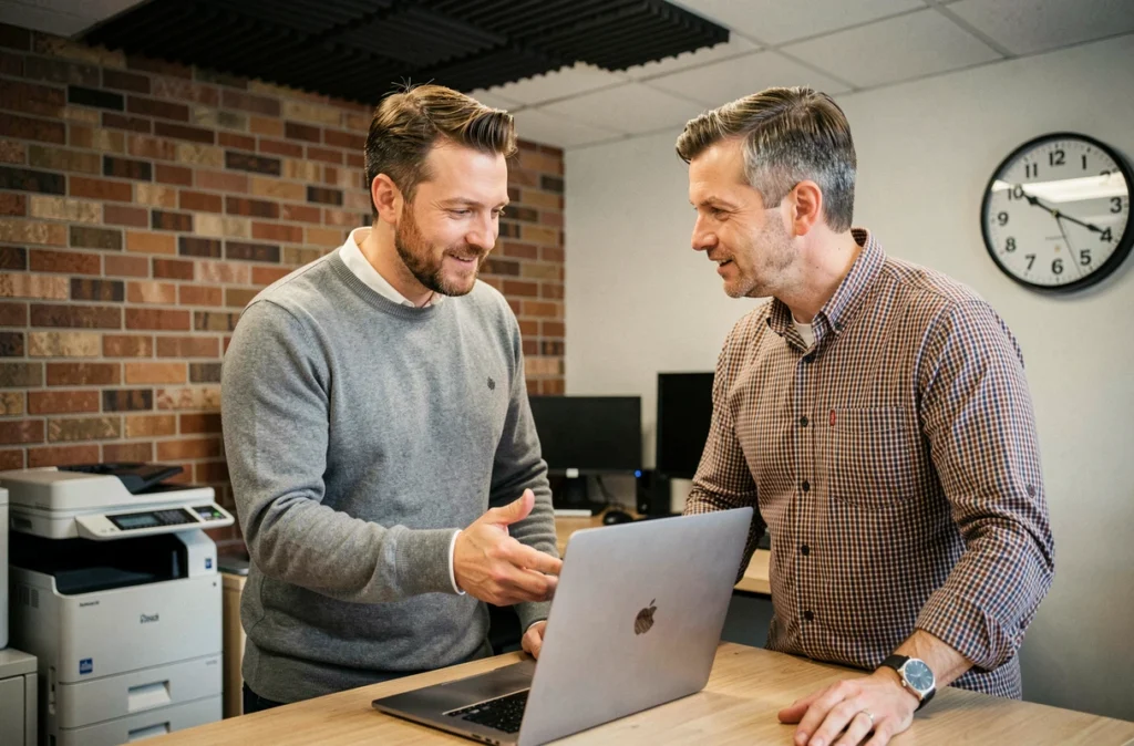Deux professionnels en discussion dans un espace de coworking à Puteaux avec postes debout et ambiance collaborative