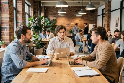 Trois professionnels collaborant autour d'une table dans un espace de coworking moderne avec murs en briques apparentes