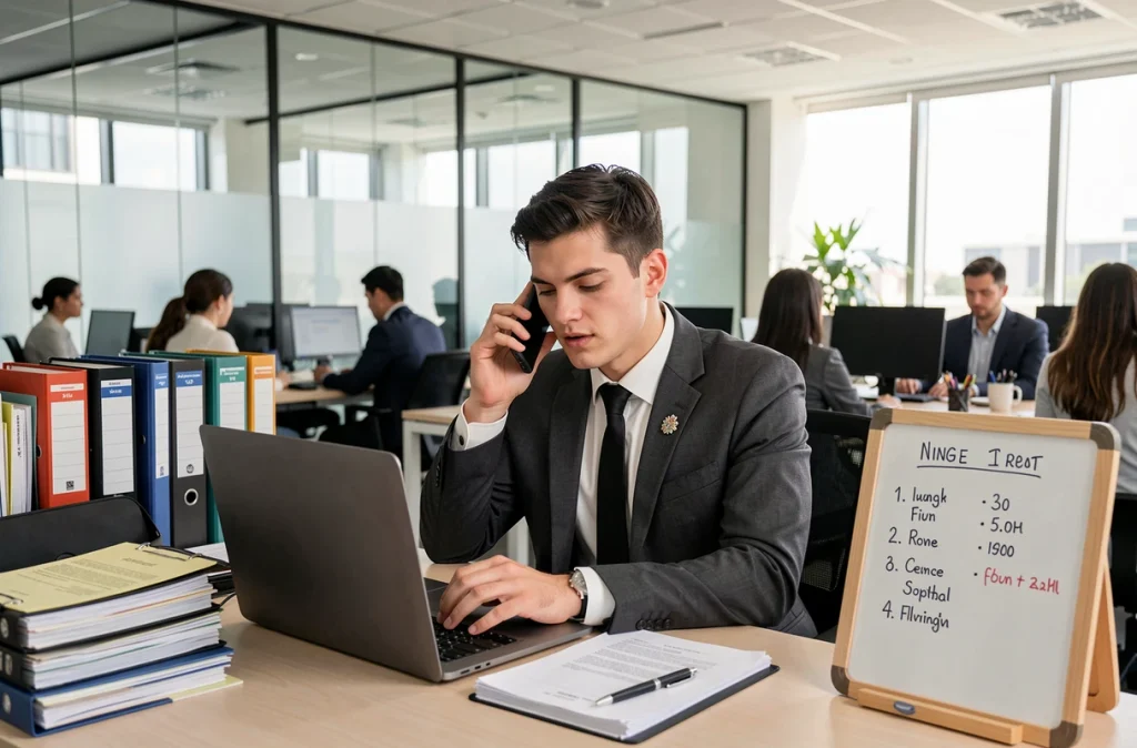 Professionnel de conciergerie d'entreprise gérant plusieurs tâches depuis son poste de travail en open space