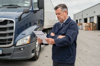 Conducteur routier tenant sa fiche de paie devant un camion semi-remorque dans un dépôt logistique, expression préoccupée face aux barèmes salariaux 2026