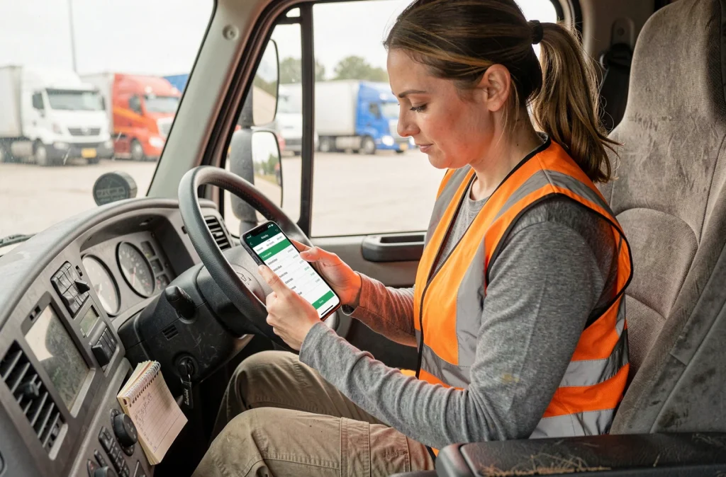 Conductrice de poids lourd consultant les taux horaires 2026 sur son smartphone depuis la cabine de son camion, vérification des barèmes conventionnels