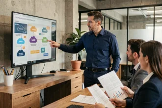 Consultant informatique présentant une feuille de route de transformation numérique à des collaborateurs dans les locaux d'une PME moderne