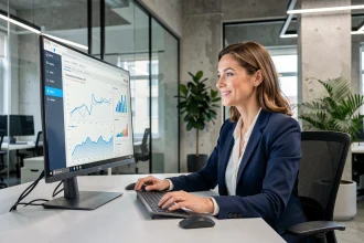 Consultante en agence web analysant les résultats d'un site internet sur un tableau de bord analytique dans un bureau moderne