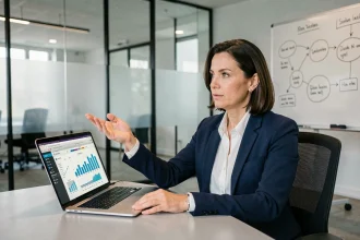 Consultante B2B experte présentant une stratégie de contenu dans une salle de réunion moderne