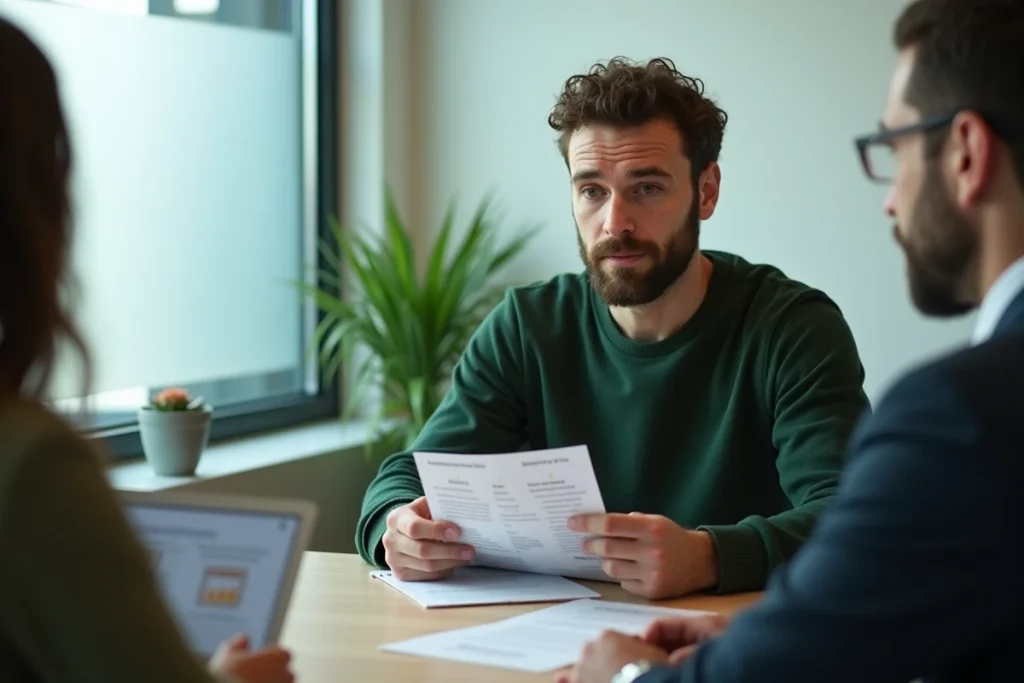 Entrepreneur consultant un conseiller financier pour accéder aux aides et subventions pour son projet