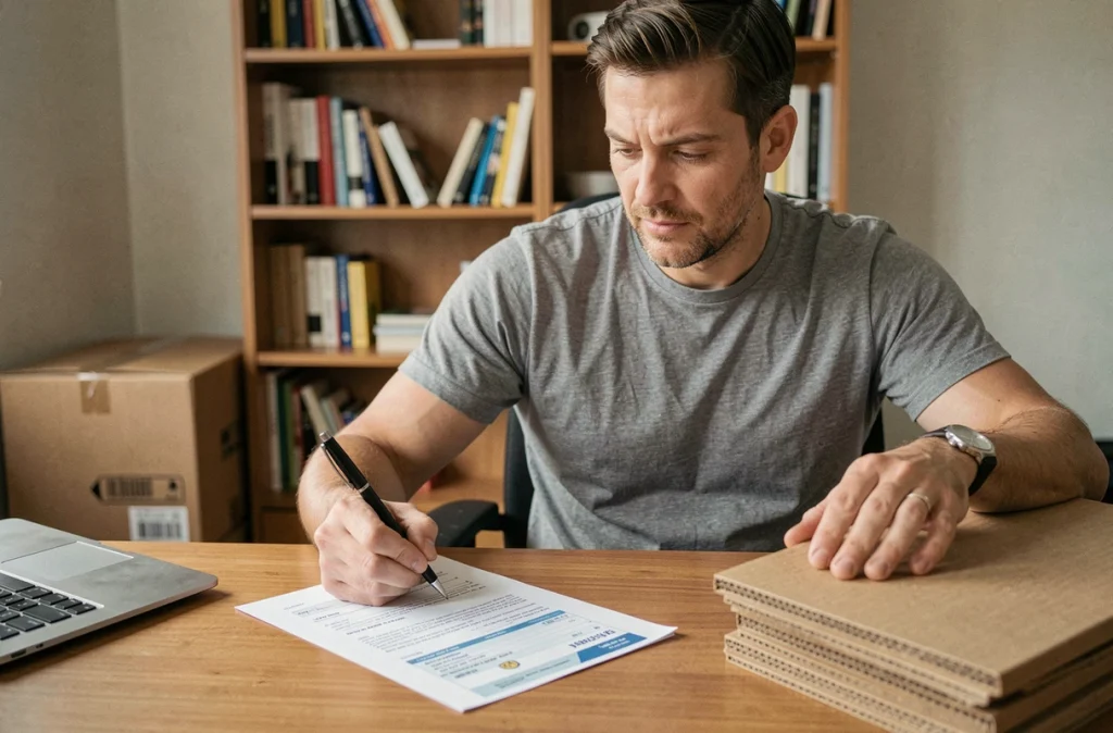Homme à domicile relisant un contrat de travail et une fiche de salaire pour un emploi d'emballage