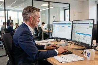 Courtier en assurance consultant l'extranet AXA sur son poste de travail en bureau moderne