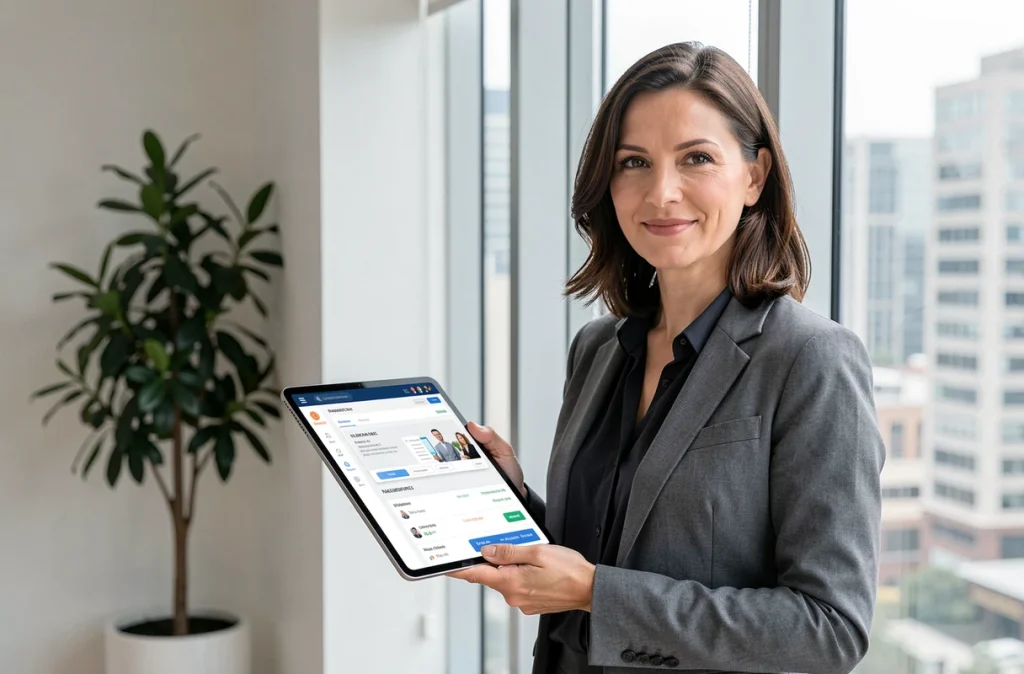 Courtière en assurance utilisant une tablette pour accéder à l'extranet AXA depuis son bureau