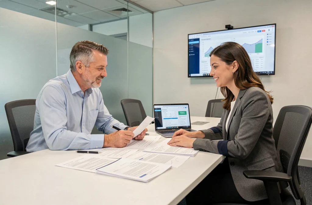 Deux courtiers AXA collaborant sur des dossiers clients et l'extranet en salle de réunion