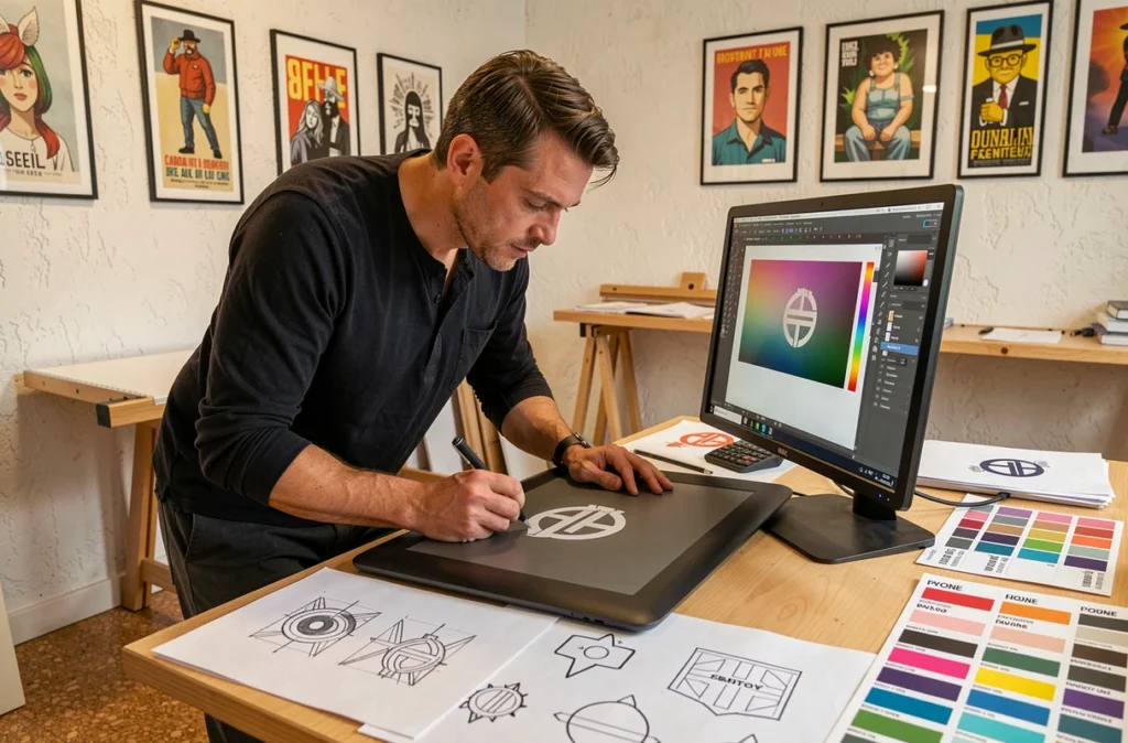 Graphiste de Crea7 Design affinant un logo sur tablette graphique dans un studio créatif