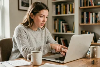Jeune femme débutante découvrant un site web sur son ordinateur portable dans un bureau à domicile