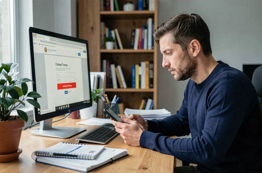 Homme consultant son smartphone et son ordinateur à domicile pour résoudre une erreur de connexion bancaire en ligne, contexte de télétravail