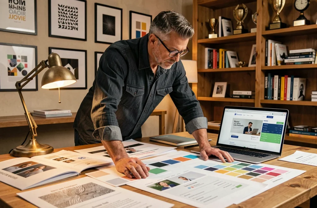 Designer et expert SEO de Desjeux Créations étudiant des maquettes web et un rapport de référencement dans son studio créatif