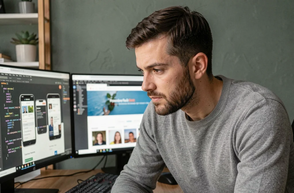 Développeur web concentré travaillant sur le code d'un site internet responsive dans un espace de travail minimaliste