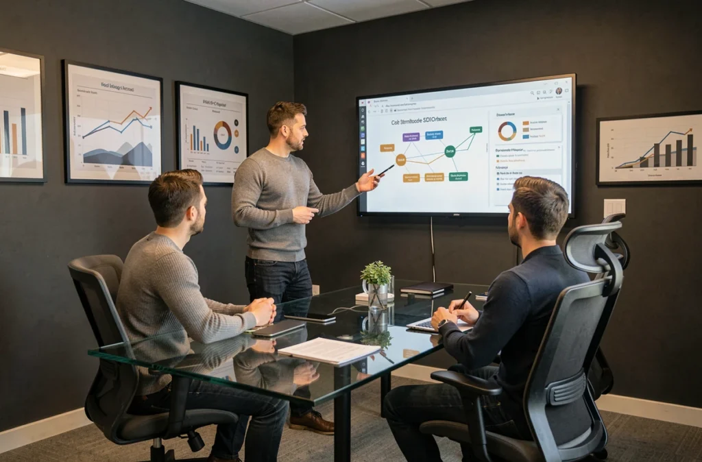 Consultant de Digital Motion présentant une stratégie SEO dynamique à son équipe dans une salle de réunion moderne