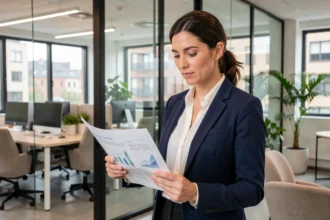 Dirigeante de PME analysant un rapport de croissance dans un bureau moderne, illustrant l'accompagnement entrepreneurial de Hubentreprise360.fr