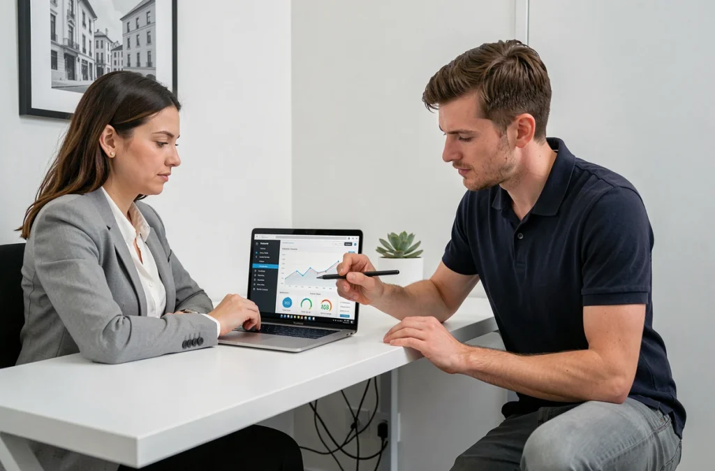 Dirigeante de PME et technicien informatique analysant ensemble un tableau de bord ERP cloud pour optimiser la gestion numérique de l'entreprise