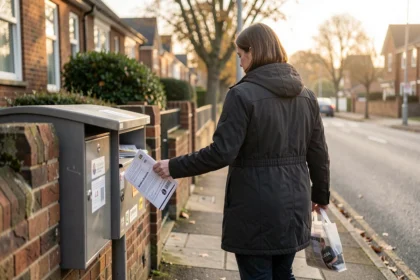 Distributeur glissant un prospectus dans une boîte aux lettres