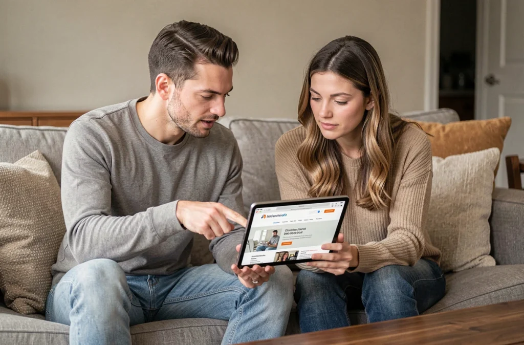 Deux adultes débutants explorant ensemble un site web sur une tablette dans un salon