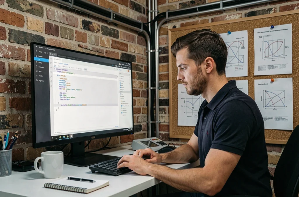 Développeur d'e-Conception concentré sur l'écriture de code dans un studio web organisé avec des murs en brique