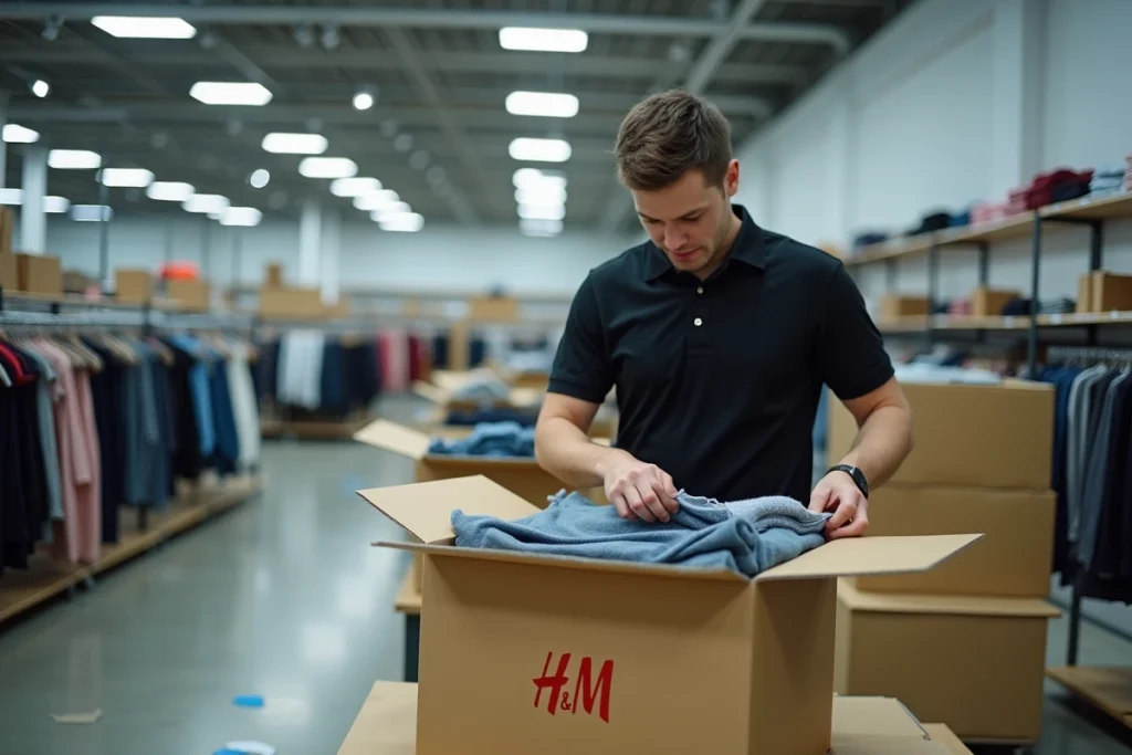 Employé H&M emballant des vêtements lors de la fermeture définitive d'un magasin de prêt-à-porter