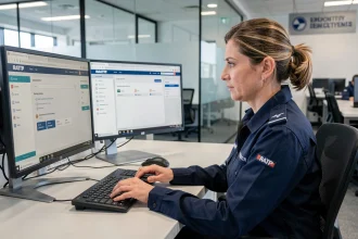 Employée RATP accédant au portail intranet Urbanweb sur son poste de travail en open space