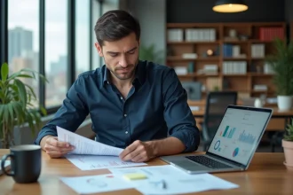 Entrepreneur analysant des documents financiers pour financer son projet innovant au bureau