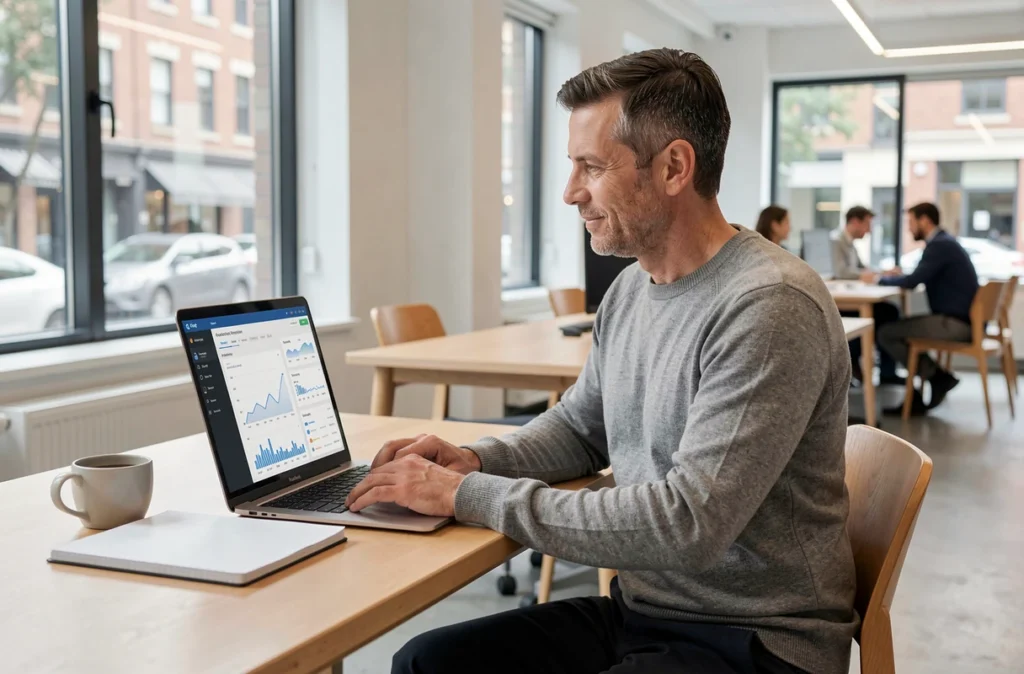 Entrepreneur indépendant consultant des indicateurs de performance sur son ordinateur dans un espace de coworking, symbolisant l'accompagnement numérique des TPE par Hubentreprise360.fr