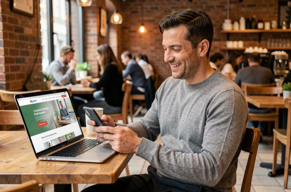 Entrepreneur consultant les retours clients de son site internet créé par une agence web dans un café moderne